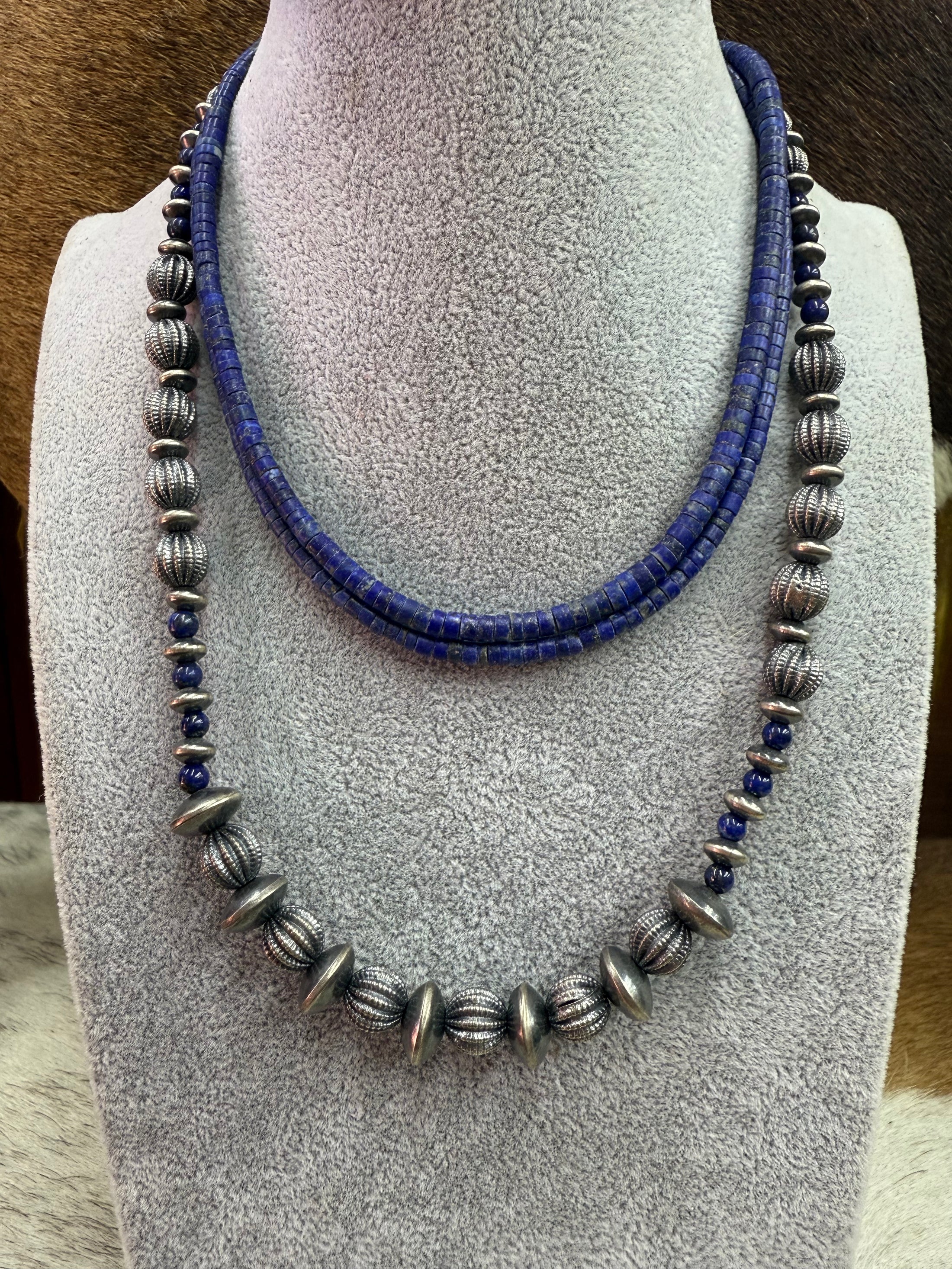 Handmade Sterling Silver Navajo Pearl  & Blue Lapis Beaded Necklace