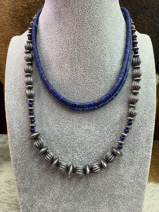 Handmade Sterling Silver Navajo Pearl  & Blue Lapis Beaded Necklace