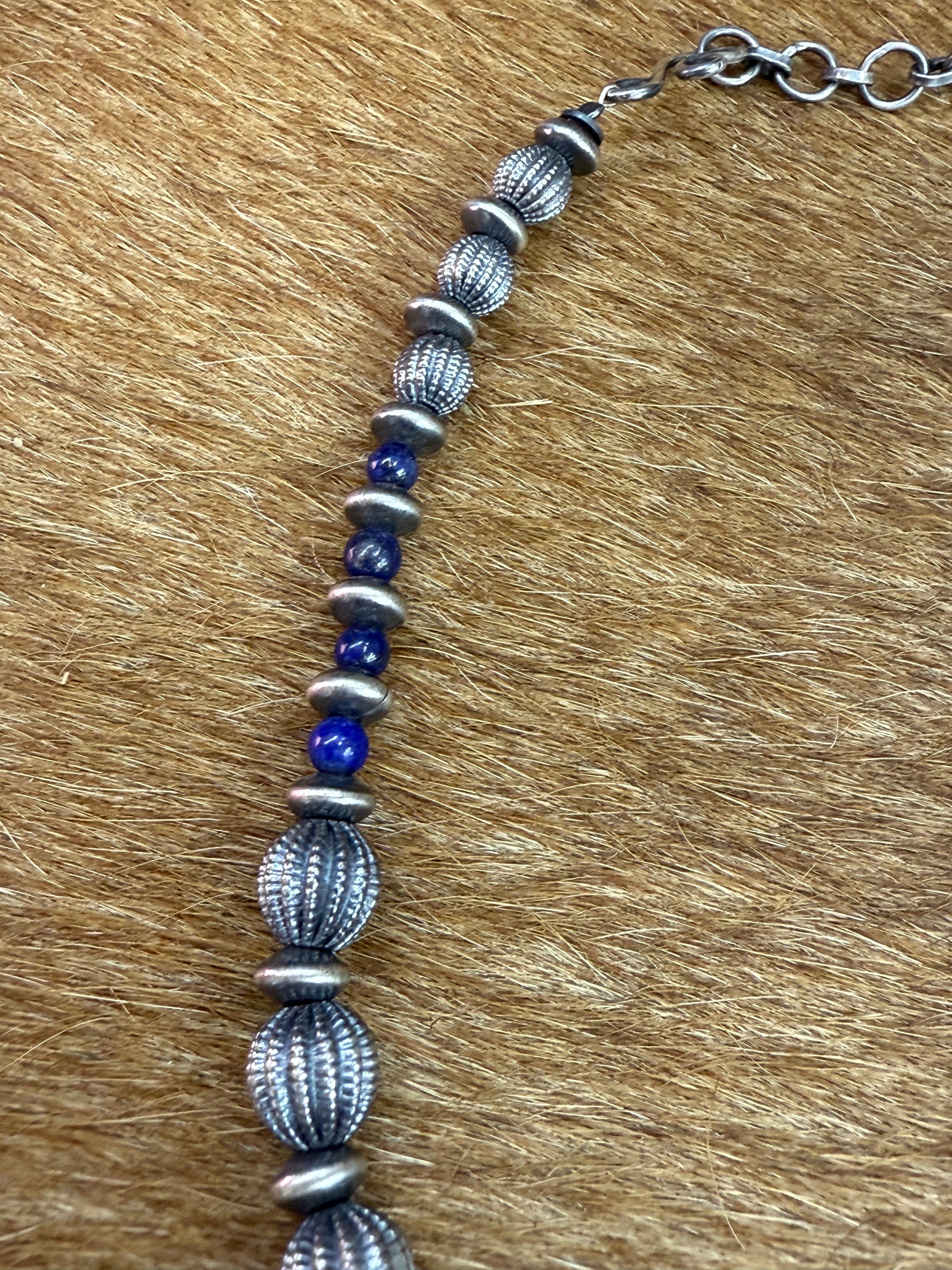 Handmade Sterling Silver Navajo Pearl  & Blue Lapis Beaded Necklace
