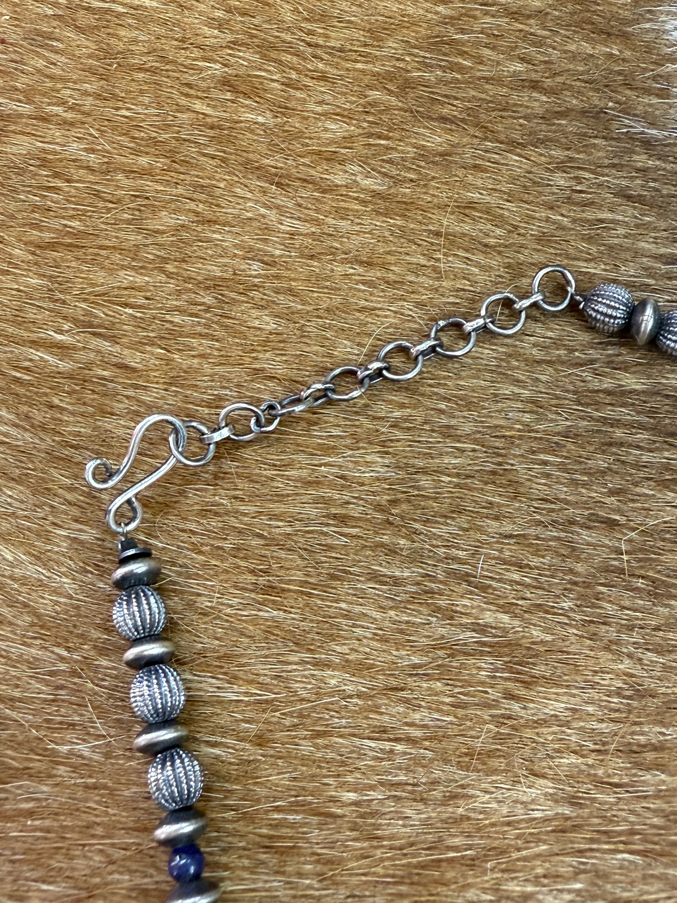 Handmade Sterling Silver Navajo Pearl  & Blue Lapis Beaded Necklace