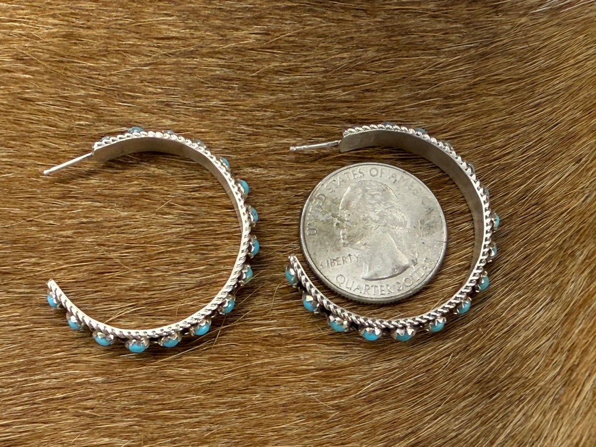 Native American Turquoise Sterling Silver Hoop Earrings