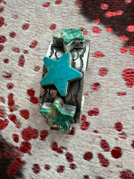 Gorgeous Statement Cuff with 5 Slab  Turquoise Stones hand cut in a shape of stars.