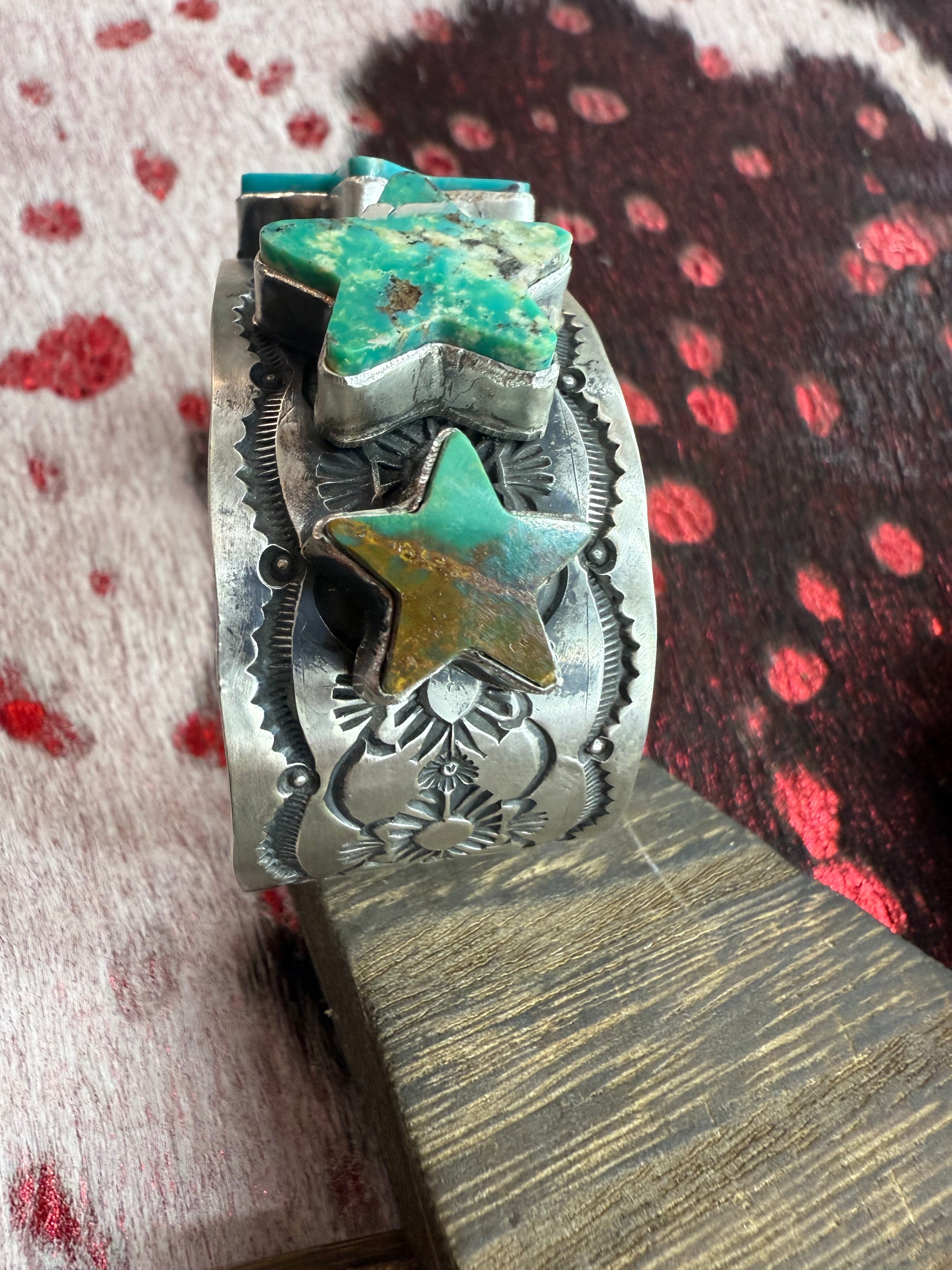 Gorgeous Statement Cuff with 5 Slab  Turquoise Stones hand cut in a shape of stars.
