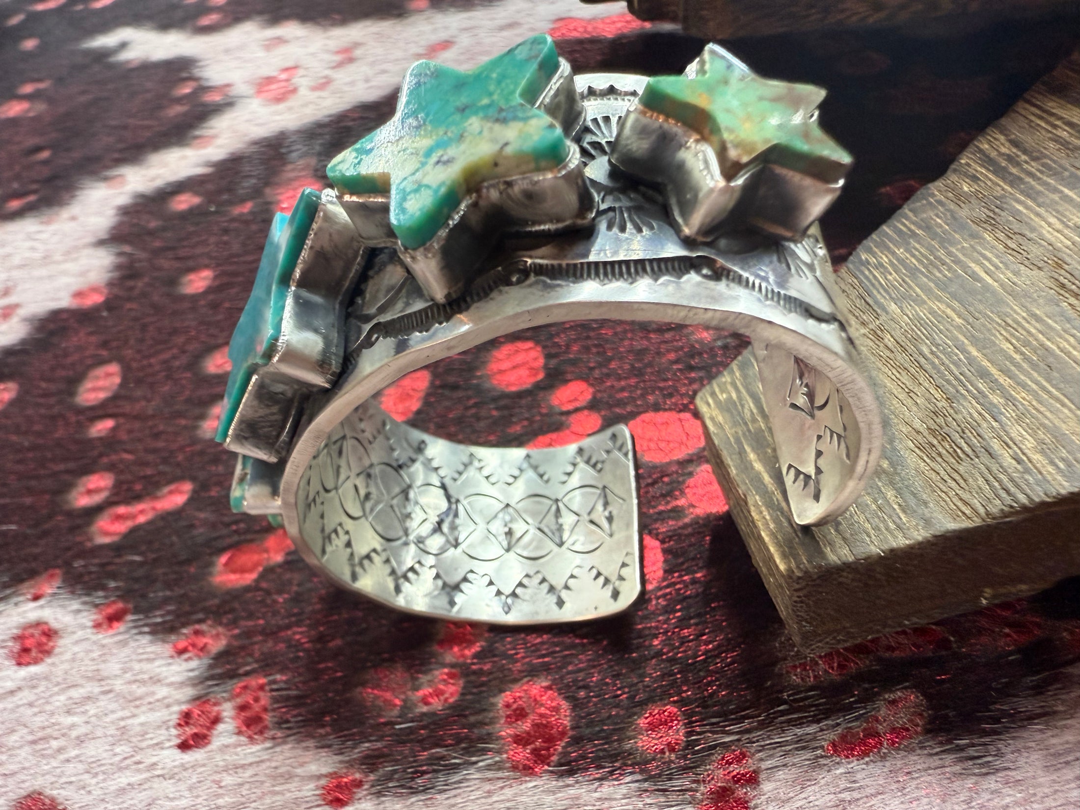 Gorgeous Statement Cuff with 5 Slab  Turquoise Stones hand cut in a shape of stars.