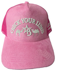 Load image into Gallery viewer, Pink Suade “ Check Your Lumps” Trucker Hat
