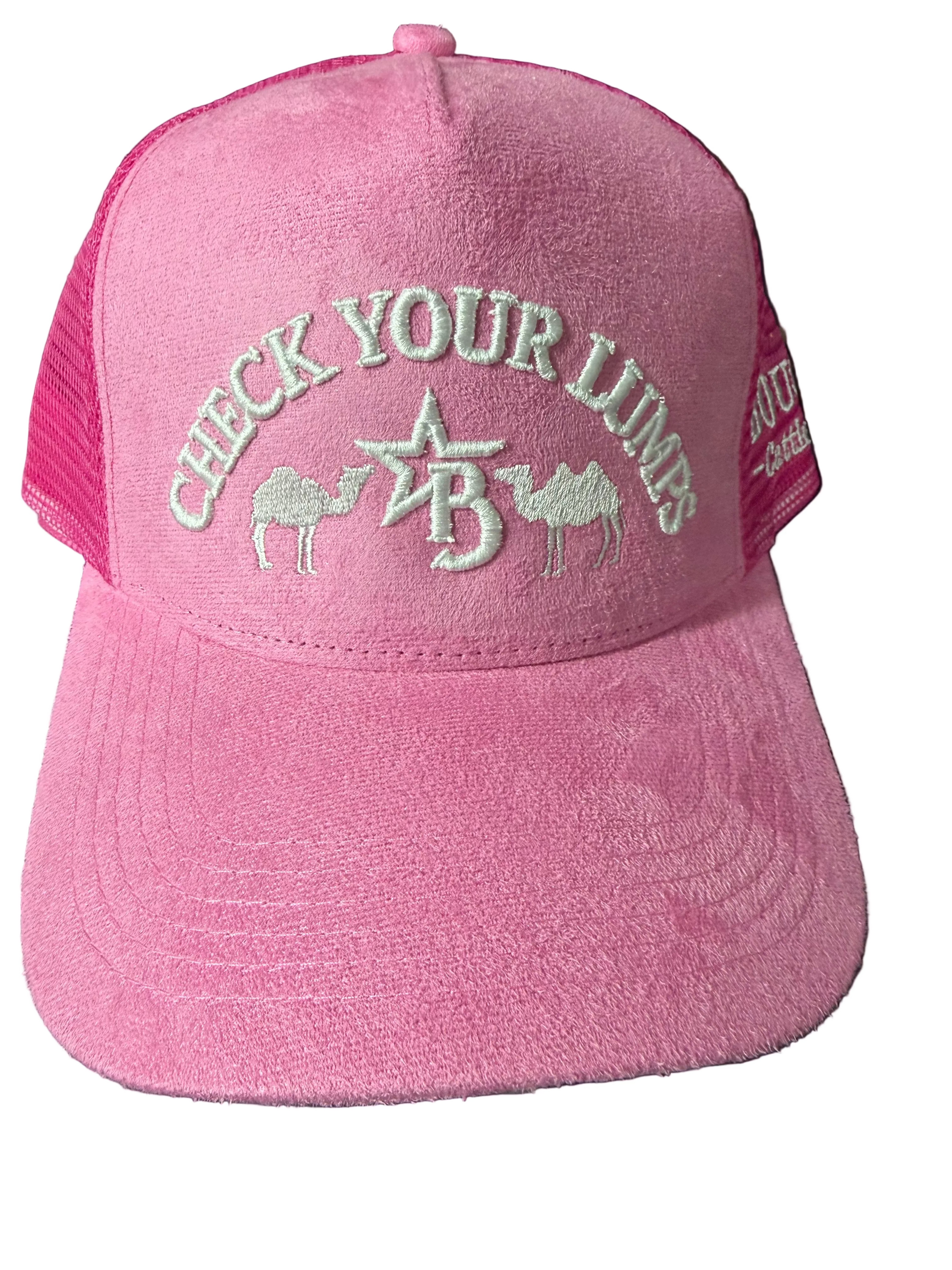 Pink Suade “ Check Your Lumps” Trucker Hat