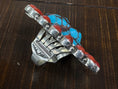 Load image into Gallery viewer, Native American Coral and Turquoise Sterling Silver Ring Signed by Artist
