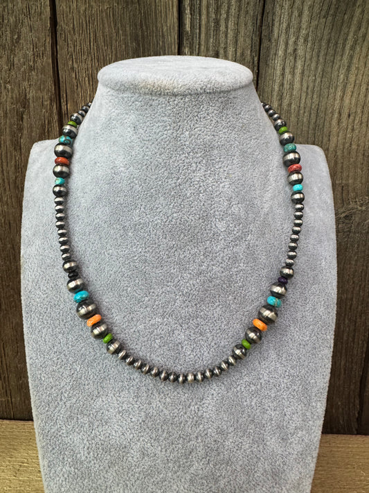 Native American Navajo Sterling Silver Bead Multi Stone Necklace