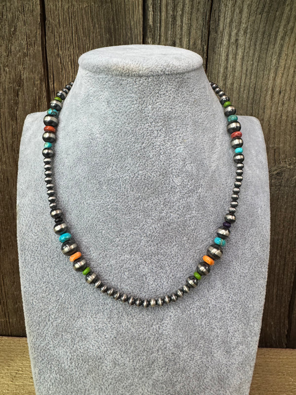 Native American Navajo Sterling Silver Bead Multi Stone Necklace