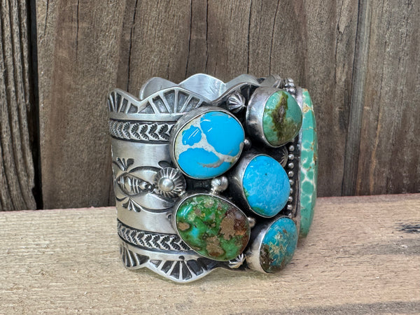 Native American Turquoise Sterling Silver Leroy James Statement Cuff - Artist Signed