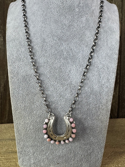 Pink Conch Sterling Silver Horseshoe Necklace - Artist Stamped