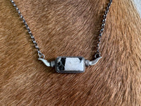 Native American White Buffalo Longhorn Sterling Silver Bar Necklace