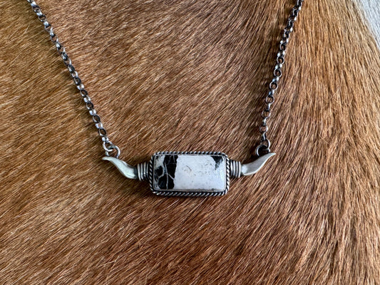 Native American White Buffalo Longhorn Sterling Silver Bar Necklace