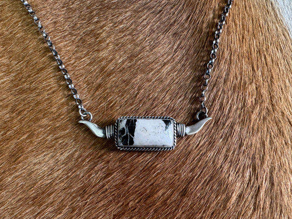 Native American White Buffalo Longhorn Sterling Silver Bar Necklace