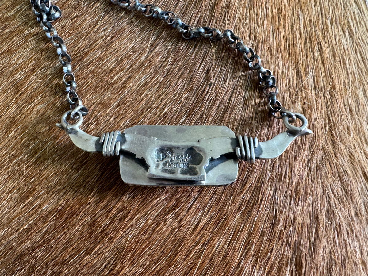 Native American White Buffalo Longhorn Sterling Silver Bar Necklace
