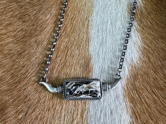 Native American White Buffalo Longhorn Sterling Silver Bar Necklace