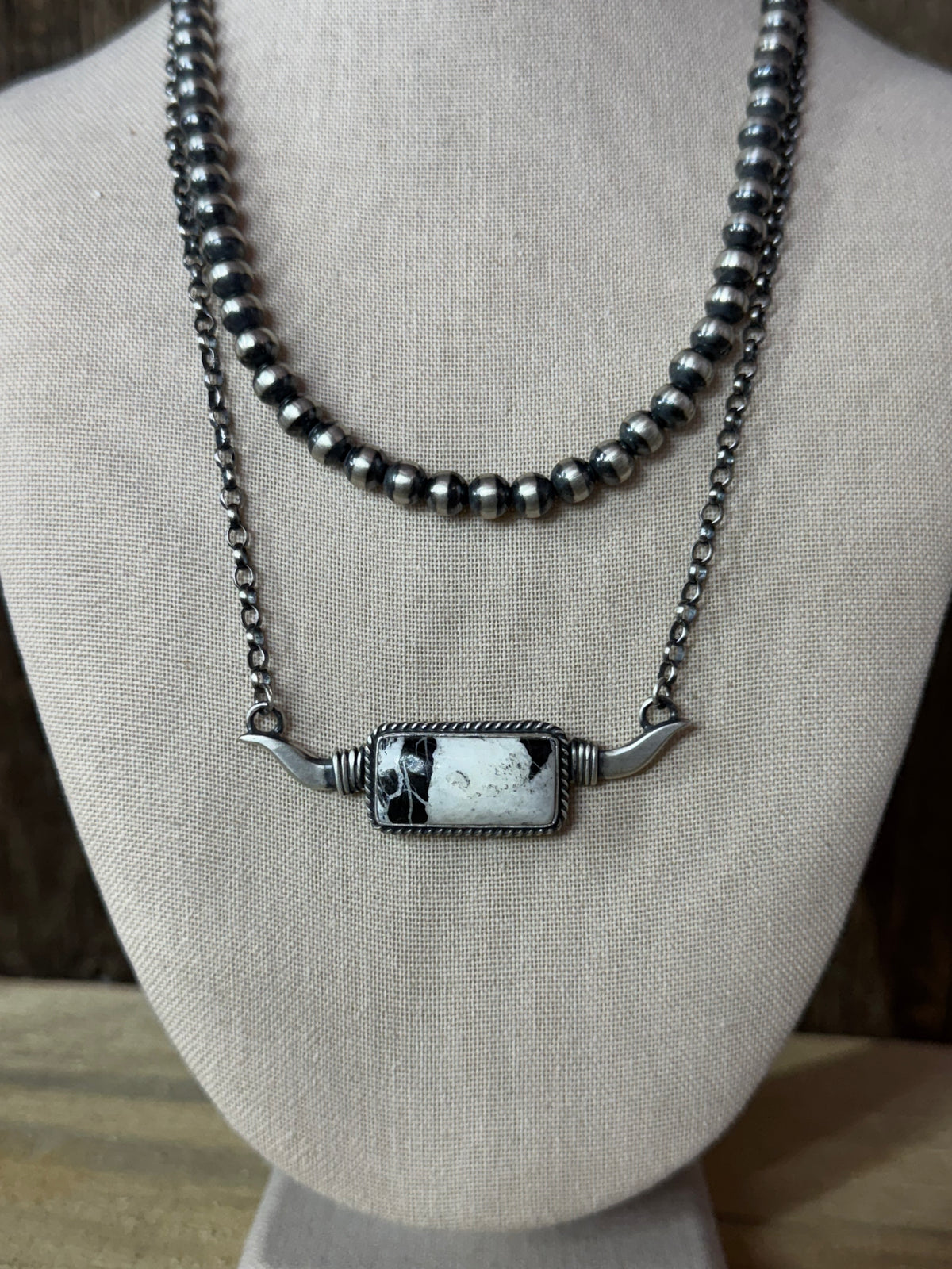 Native American White Buffalo Longhorn Sterling Silver Bar Necklace