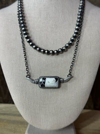 Native American White Buffalo Longhorn Sterling Silver Bar Necklace