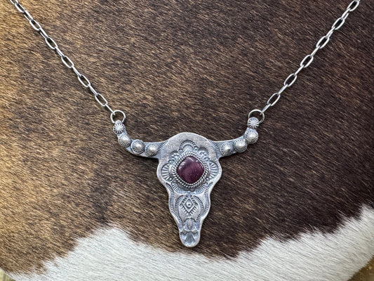 Native American Steer Skull Sterling Silver Necklace