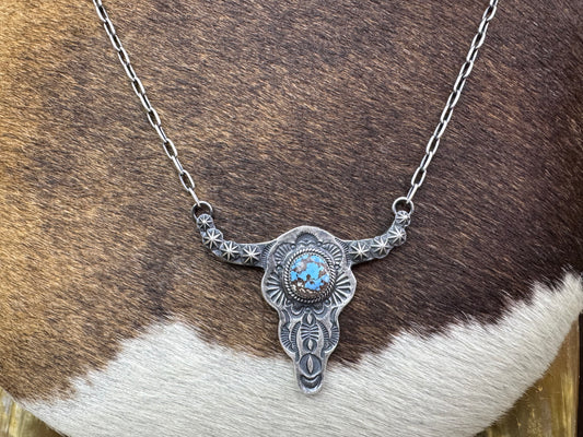 Native American Steer Skull Sterling Silver Necklace