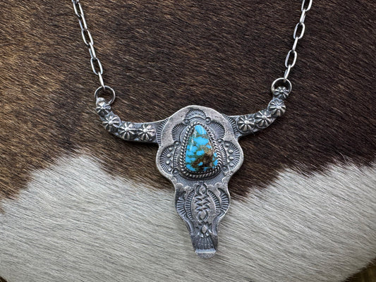 Native American Steer Skull Sterling Silver Necklace