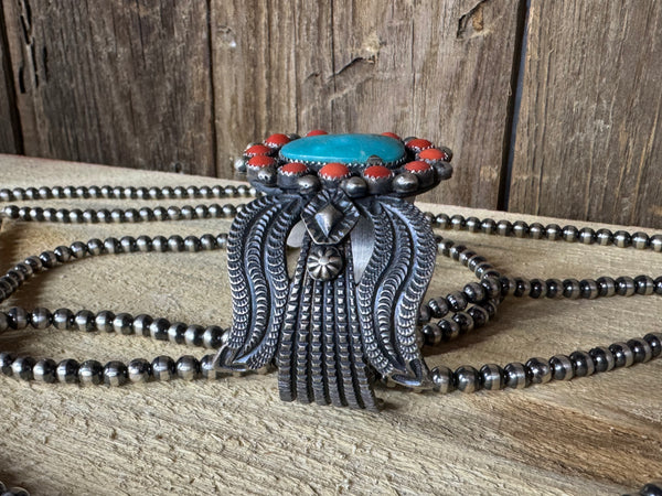 Native American Turquoise Coral Sterling Silver Cuff - Artist Stamped