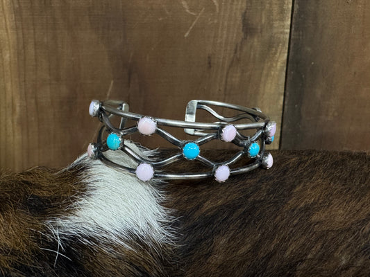 Native American Pink Conch Turquoise Sterling Silver Cuff