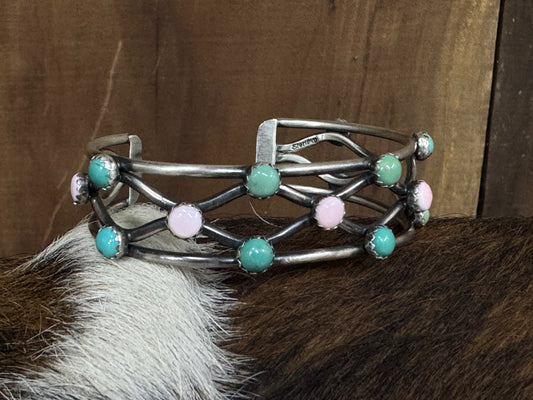 Native American Pink Conch Turquoise Sterling Silver Cuff