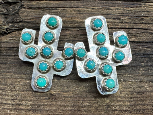 Sterling Silver Native American Artist Marked Turquoise Cactus Earrings
