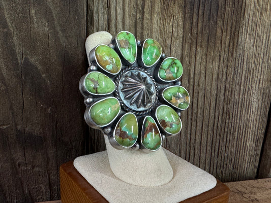 Native American Turquoise Cluster Adjustable Ring, Artist Stamped
