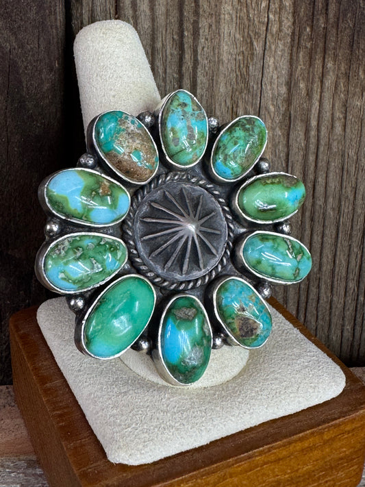 Native American Turquoise Cluster Adjustable Ring, Artist Stamped
