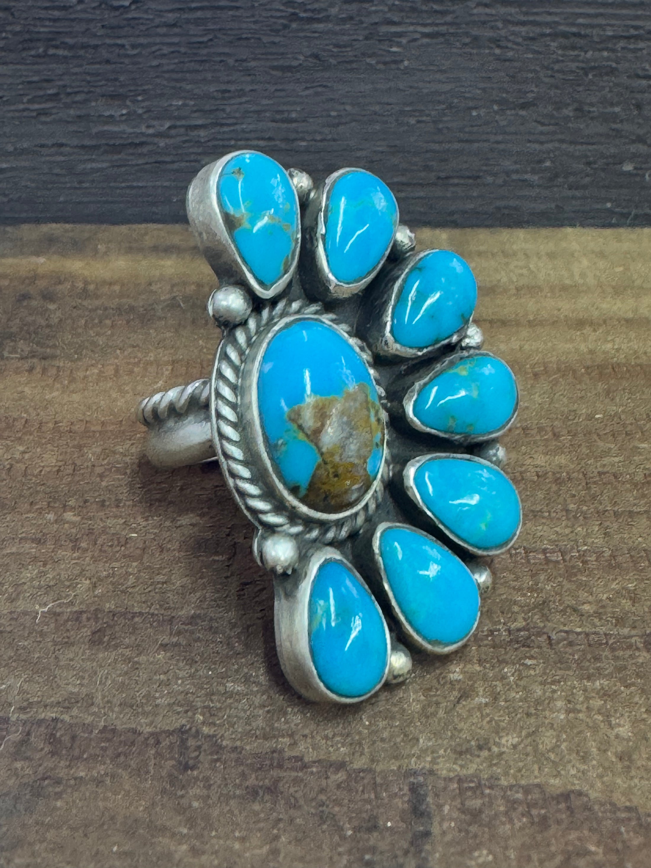 Native American Sterling Silver Turquoise Cluster Adjustable Ring, Artist Signed