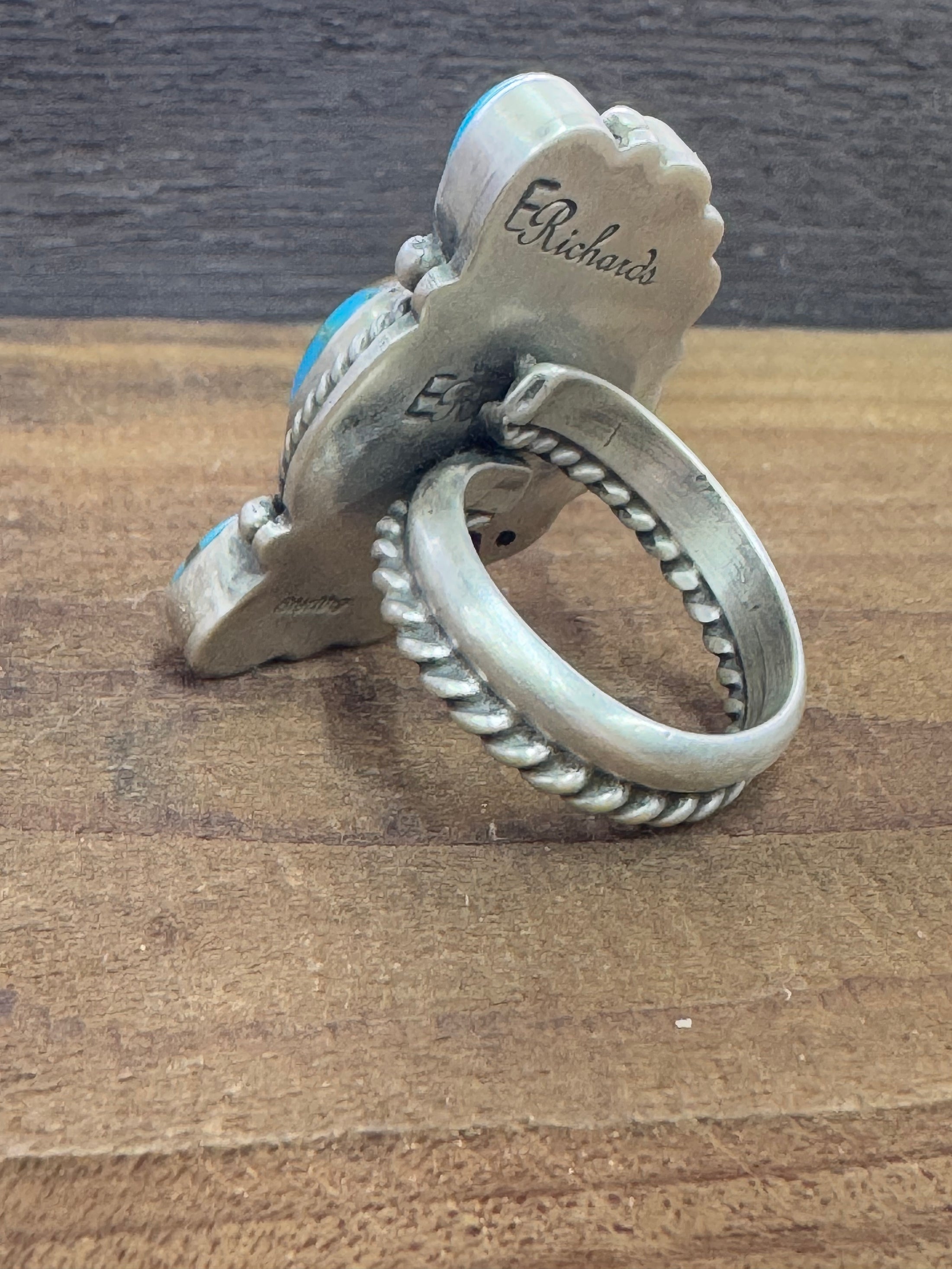 Native American Sterling Silver Turquoise Cluster Adjustable Ring, Artist Signed
