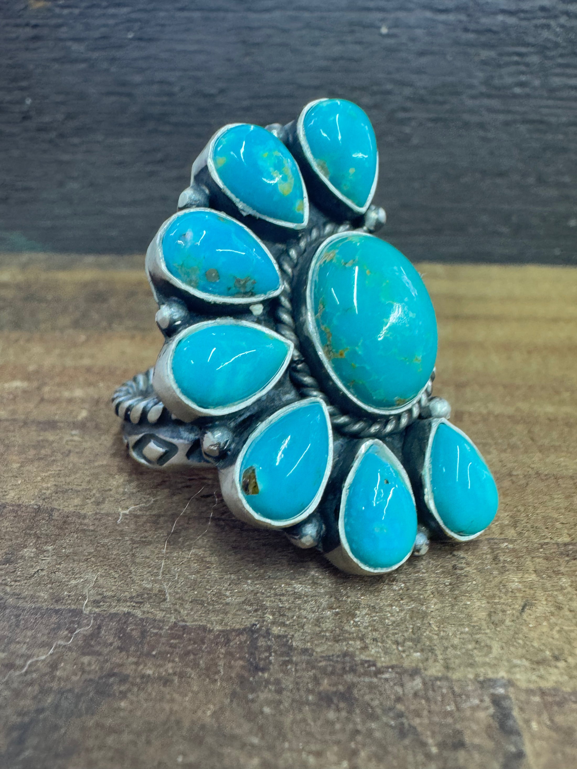 Native American Sterling Silver Turquoise Cluster Adjustable Ring, Artist Signed