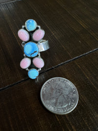 Beautiful Handmade Golden Hills Turquoise, Pink Conch And Sterling Silver Adjustable Ring
