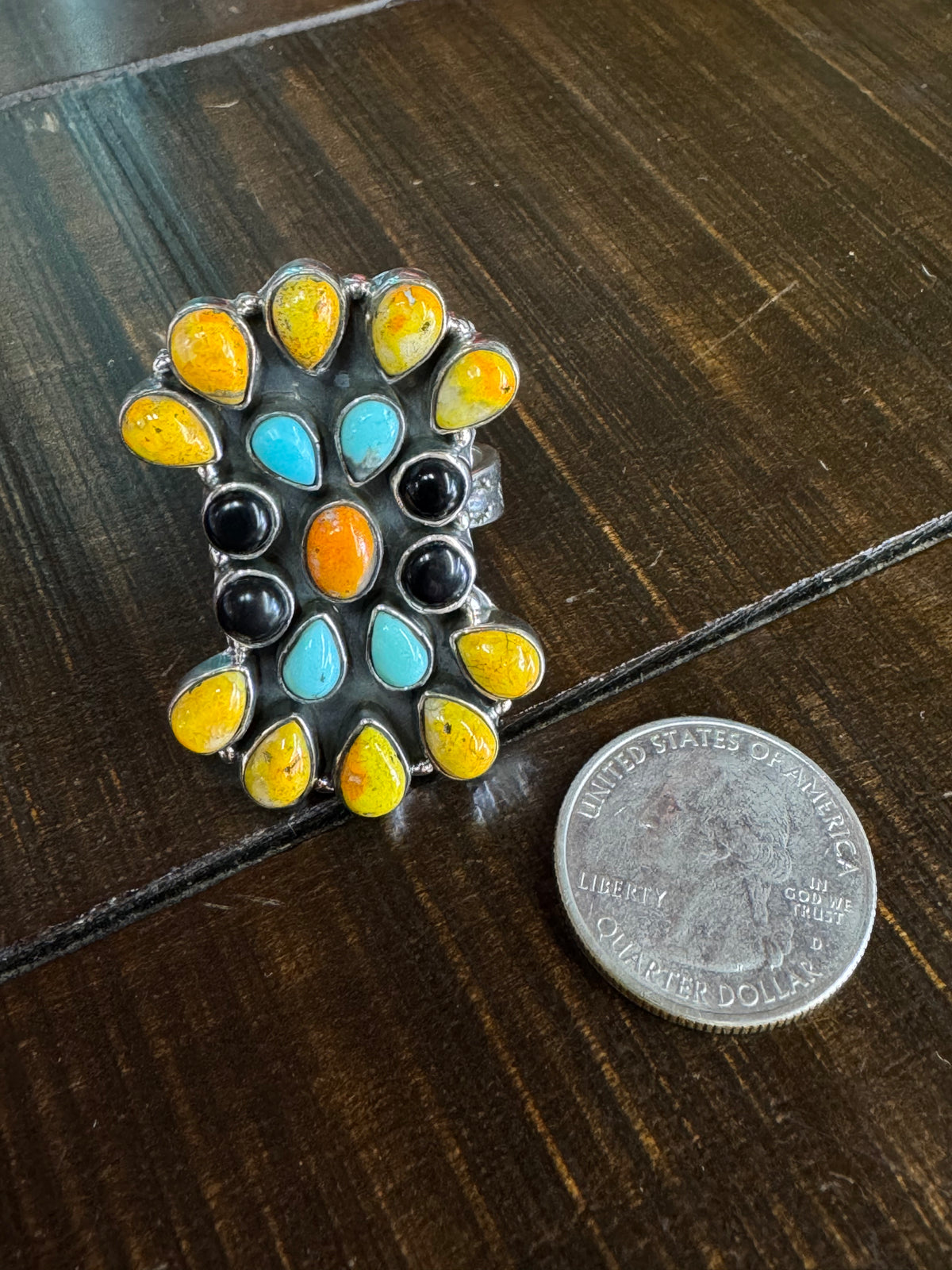 Beautiful Handmade Bumble Bee, Onyx Turquoise And Sterling Silver Adjustable Ring