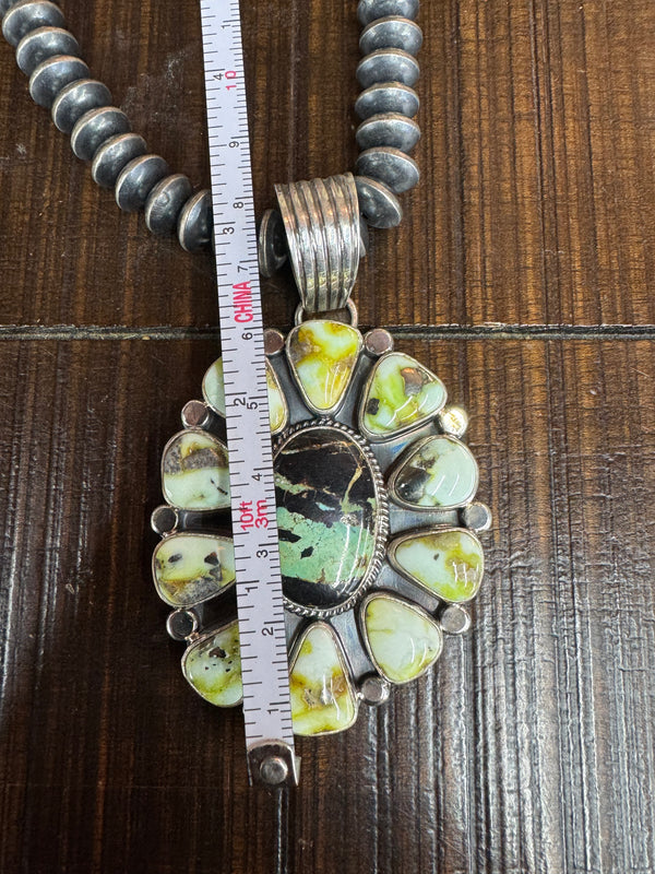 Hand Made Black Jack and Palomino Turquoise Cluster Sterling Silver Pendent Artist Stamped