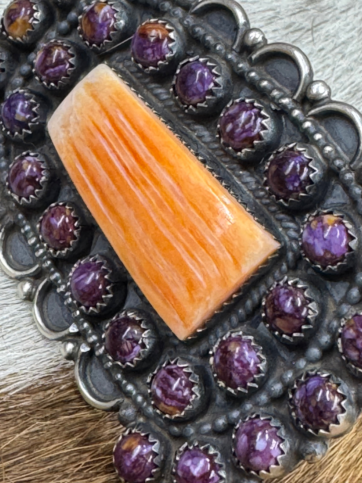 Handmade Native American Orange and Purple Spiny Oyster Statement Ring