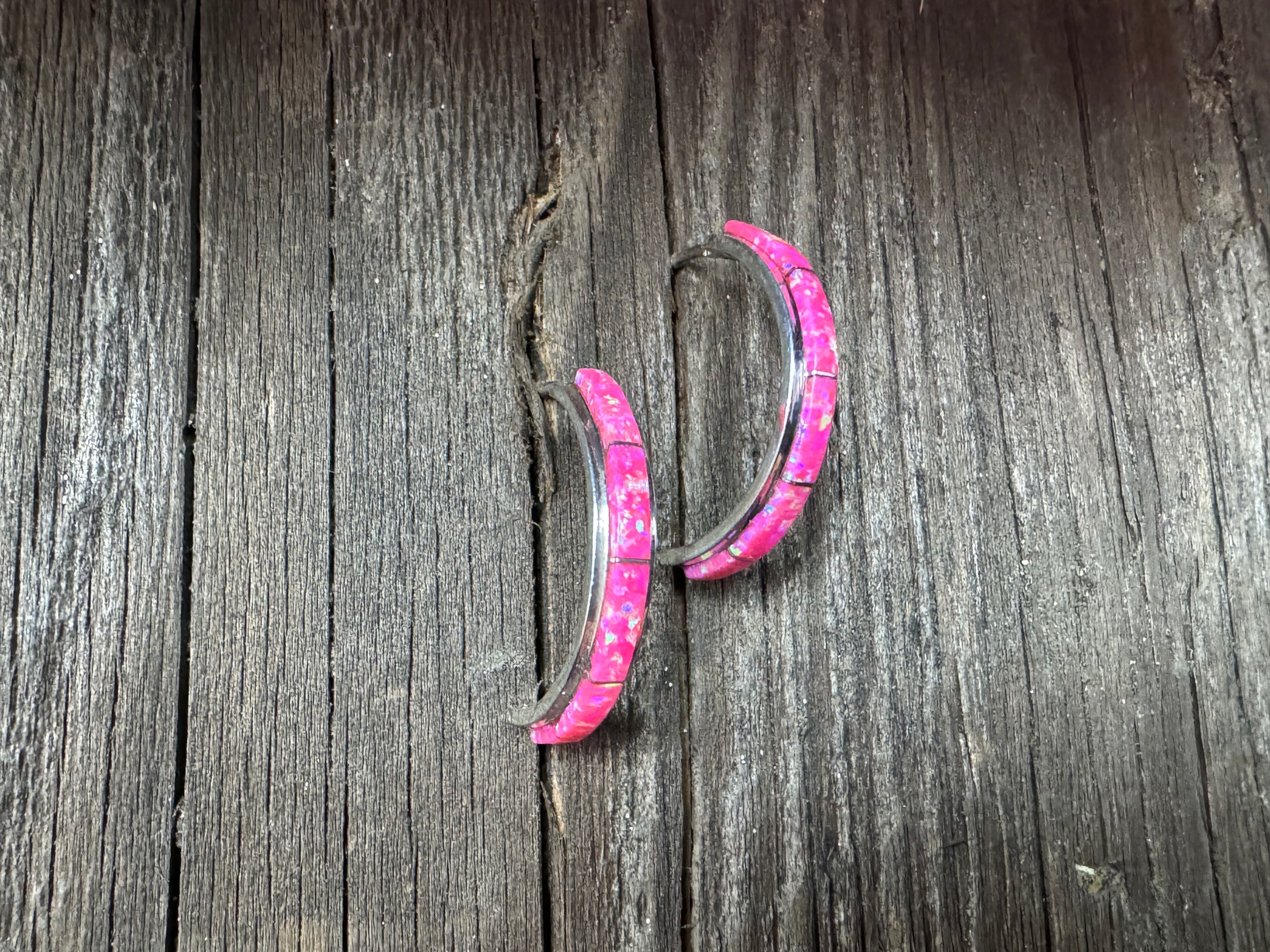 Native American Pink Opal Sterling Silver Hoop Earrings