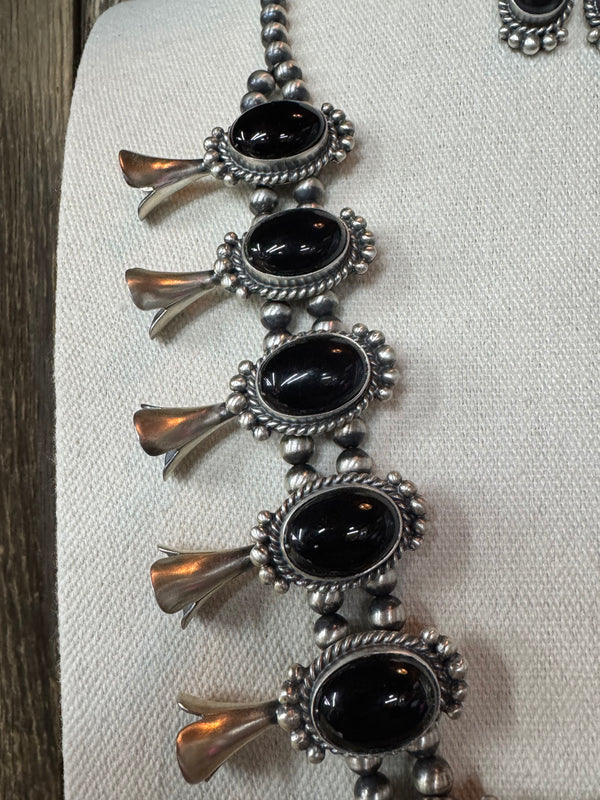 Native American Handmade Onyx Sterling Silver Squash Blossom Necklace with Earrings