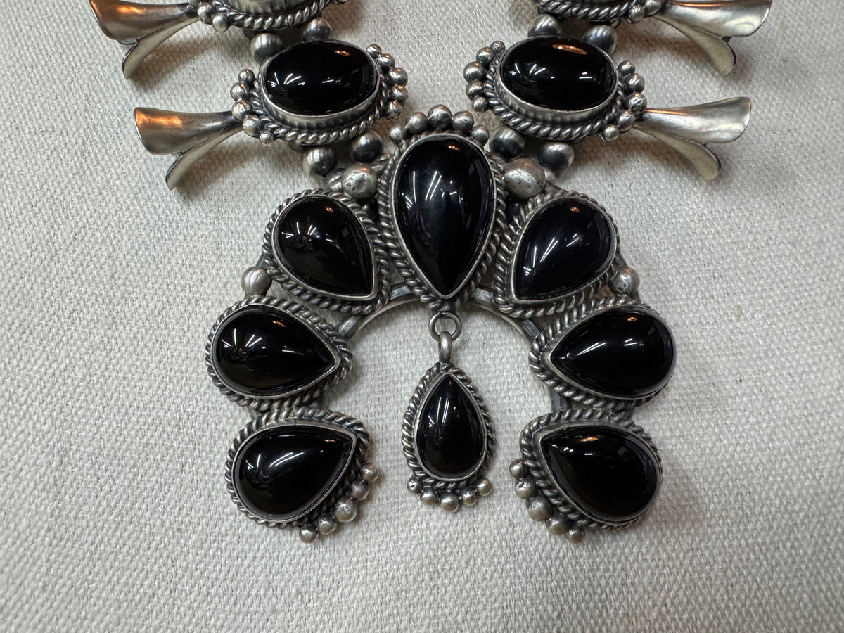 Native American Handmade Onyx Sterling Silver Squash Blossom Necklace with Earrings