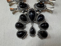 Native American Handmade Onyx Sterling Silver Squash Blossom Necklace with Earrings