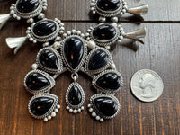 Native American Handmade Onyx Sterling Silver Squash Blossom Necklace with Earrings