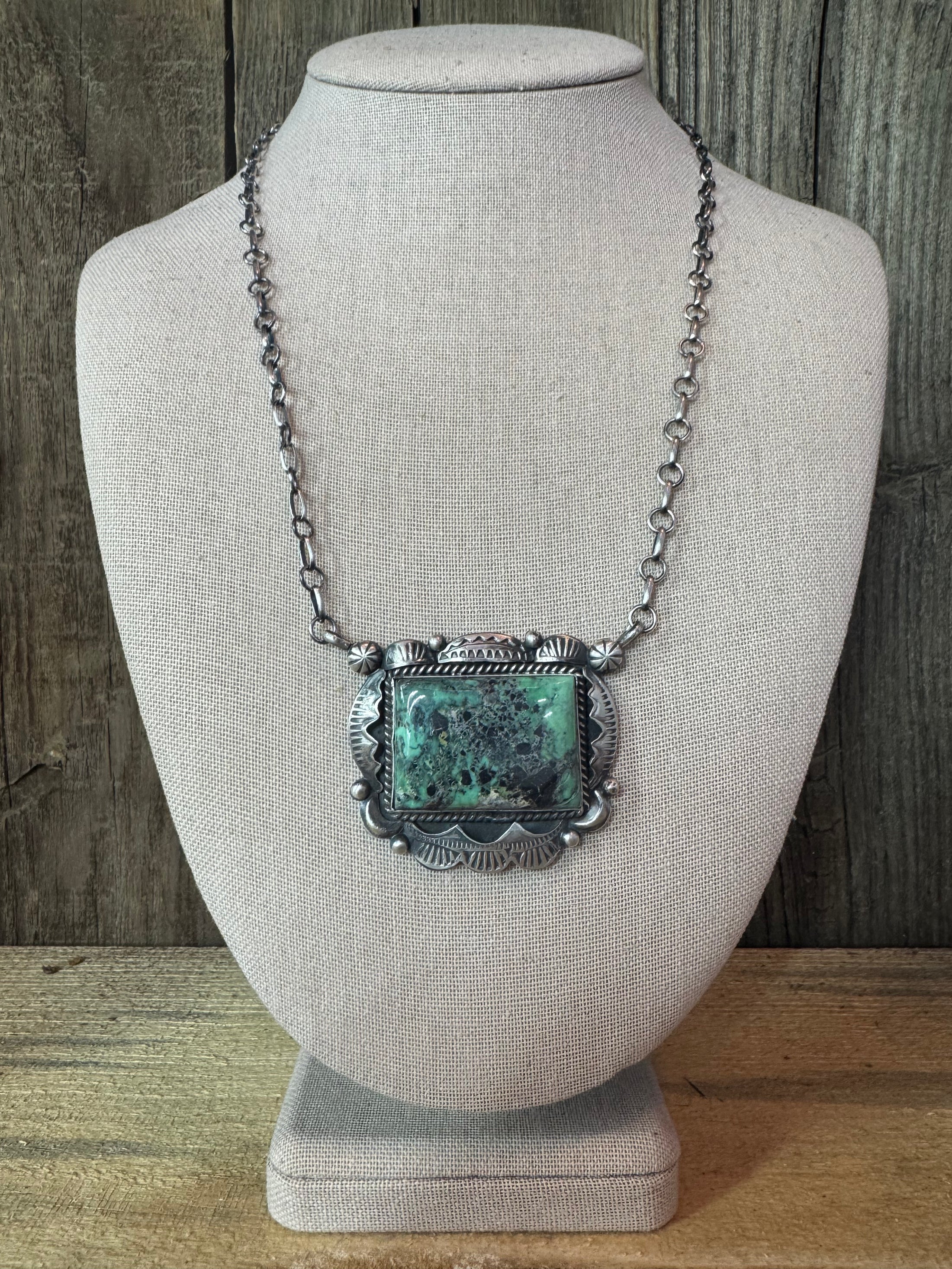 Handmade Native American Turquoise Sterling Silver Necklace Artist Stamped