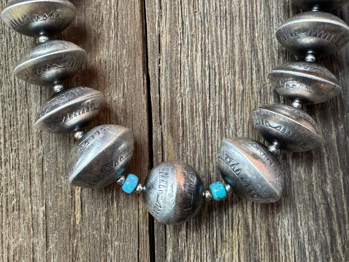 Handmade Native American Sterling Silver Disk Navajo Pearl Necklace and Earring Set