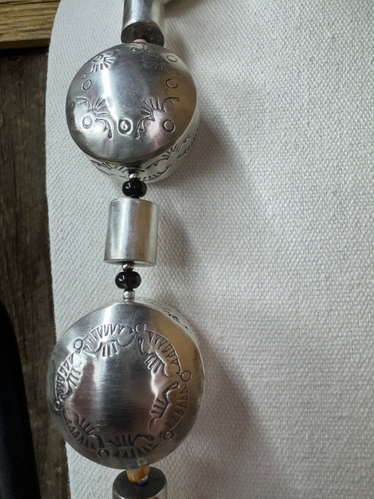Handmade Native American Sterling Silver Necklace and Earrings With Turquoise, Pink Conch, Onyx and Spiny Oyster