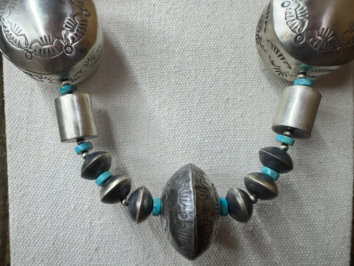 Handmade Native American Sterling Silver Necklace and Earrings With Turquoise, Pink Conch, Onyx and Spiny Oyster