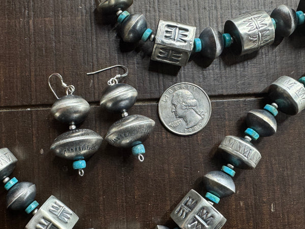 Handmade Native American Sterling Silver Necklace Earrings Set with Turquoise
