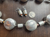 Handmade Native American Sterling Silver Necklace and Earrings With Turquoise, Pink Conch, Onyx and Spiny Oyster