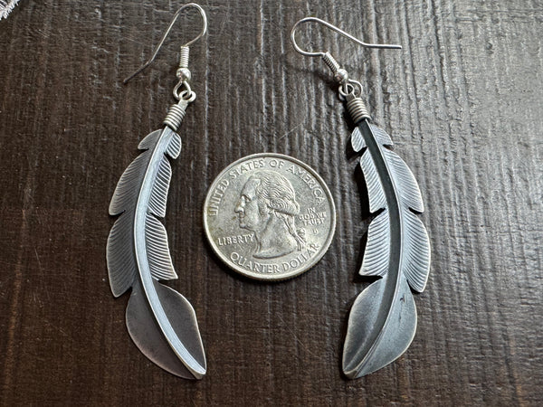Native American Feather Sterling Silver Dangle Earrings